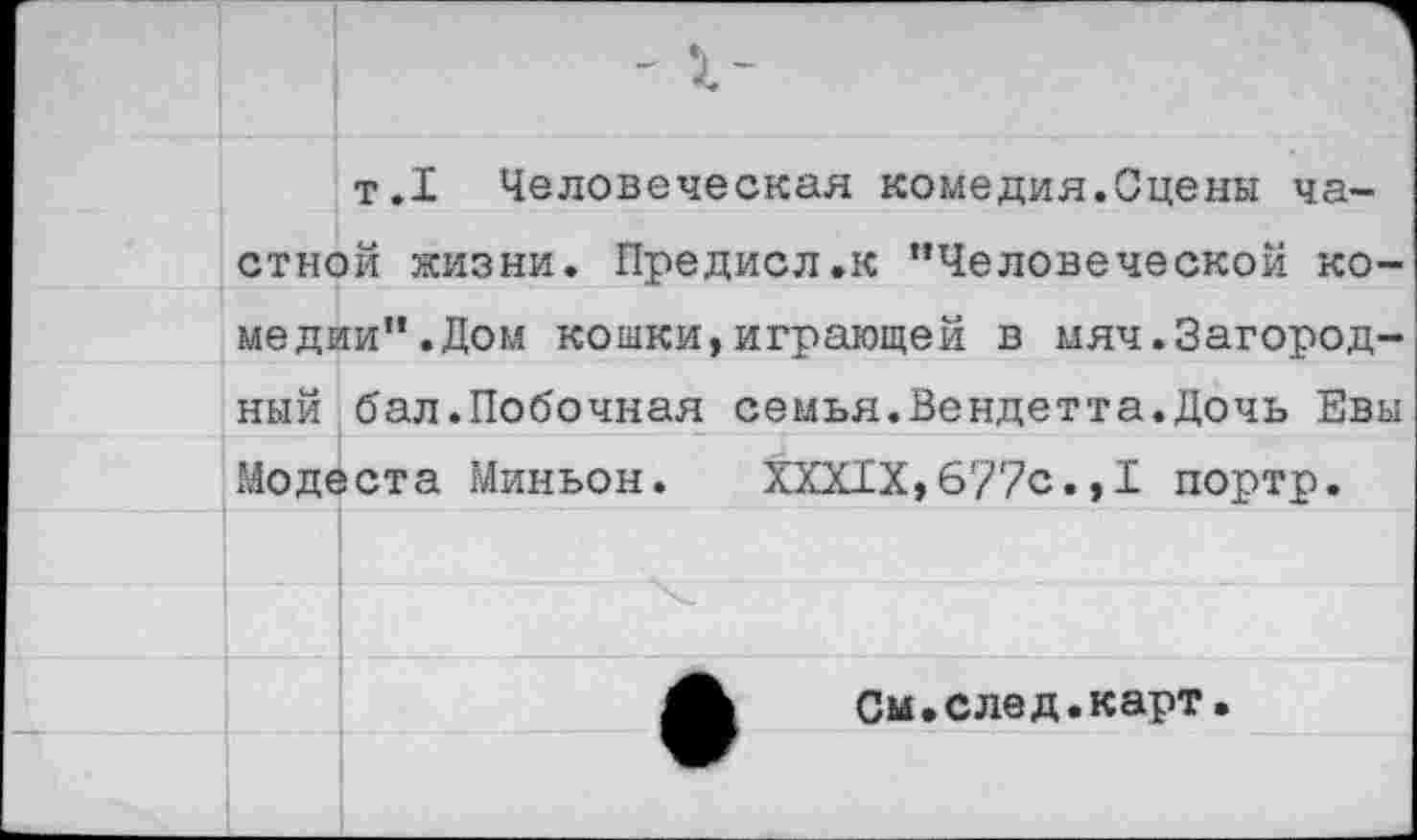 ﻿т.1 Человеческая комедия.Сцены частной жизни. Предисл.к "Человеческой комедии" .Дом кошки,играющей в мяч.Загородный бал.Побочная семья.Вендетта.Дочь Евы
7
Модеста Миньон. XXXIX,677с.,1 портр.
См.след.карт.